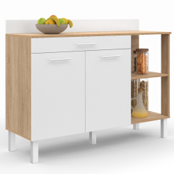 Cómoda de cocina baja de 120 cm con puertas de madera efecto haya + cajón blanco - CINA | ID Market