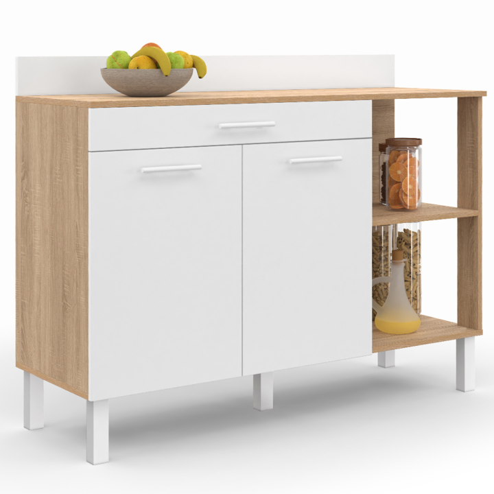 Buffet bas de cuisine 120 CM CINA plan de travail H.83 cm 2 portes + tiroir façon hêtre et blanc