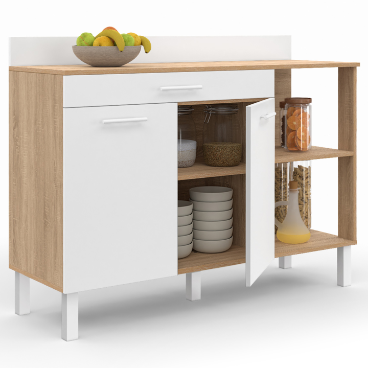 Cómoda de cocina baja de 120 cm con puertas de madera efecto haya + cajón blanco - CINA | ID Market