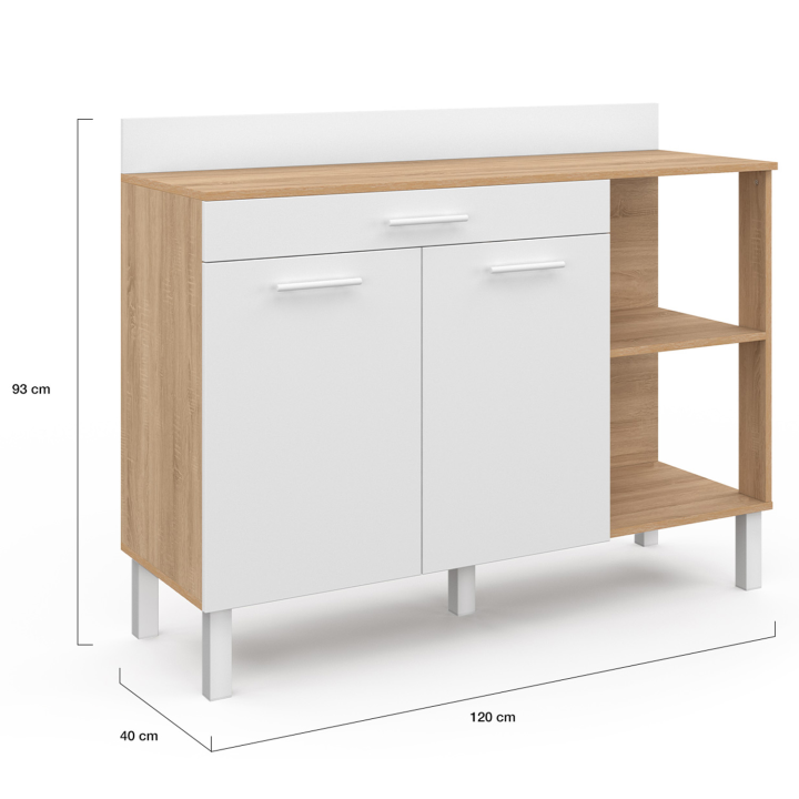 Cómoda de cocina baja de 120 cm con puertas de madera efecto haya + cajón blanco - CINA | ID Market