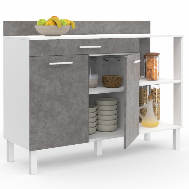 Buffet bas de cuisine 120 CM CINA plan de travail H.83 cm 2 portes + tiroir façon blanc et effet béton