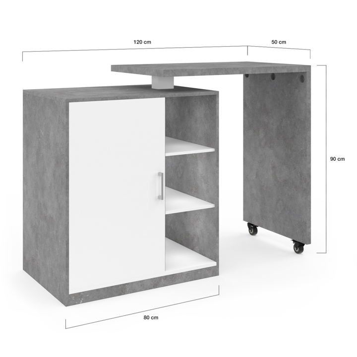 Ilot rotatif POLO meuble de bar pivotant 2 en 1 imitation béton porte blanche