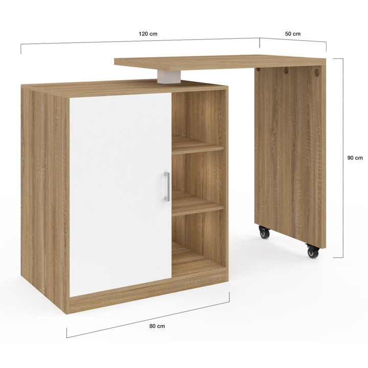 Ilot rotatif POLO meuble de bar pivotant 2 en 1 imitation hêtre porte blanche