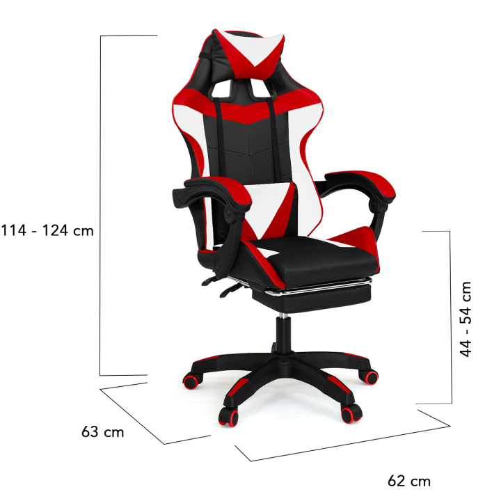 Fauteuil de gaming ALEX réglable avec repose-pied, coussin de tête et coussin lombaire noir blanc et rouge