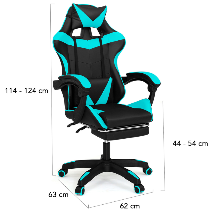 Silla gaming negra y turquesa con reposapiés, reposacabezas y cojines lumbares - ALEX | ID Market