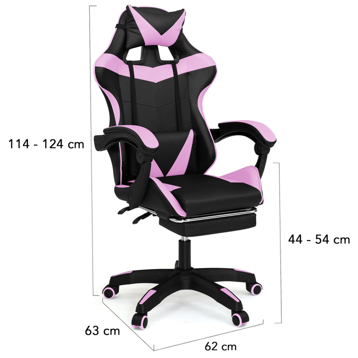 Fauteuil de gaming ALEX réglable avec repose-pied, coussin de tête et coussin lombaire noir et rose