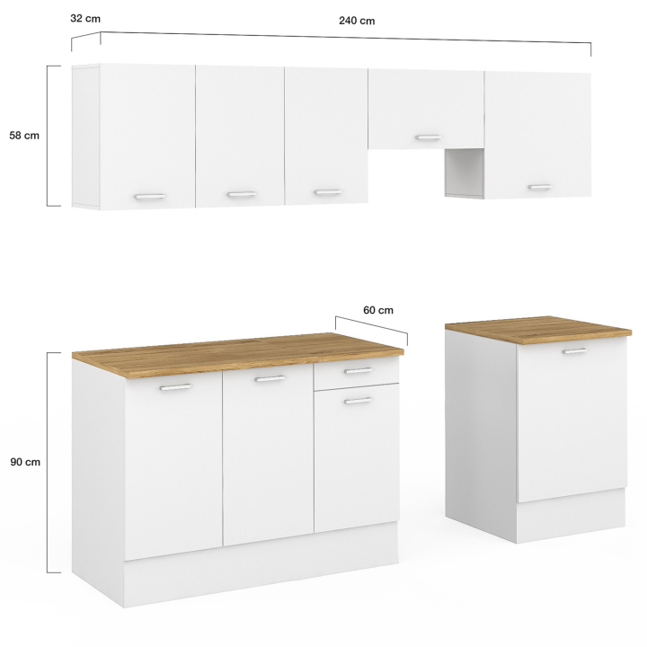 Cuisine complète 240 cm SUBTIL avec plan de travail 7 éléments blanc et plateau bois