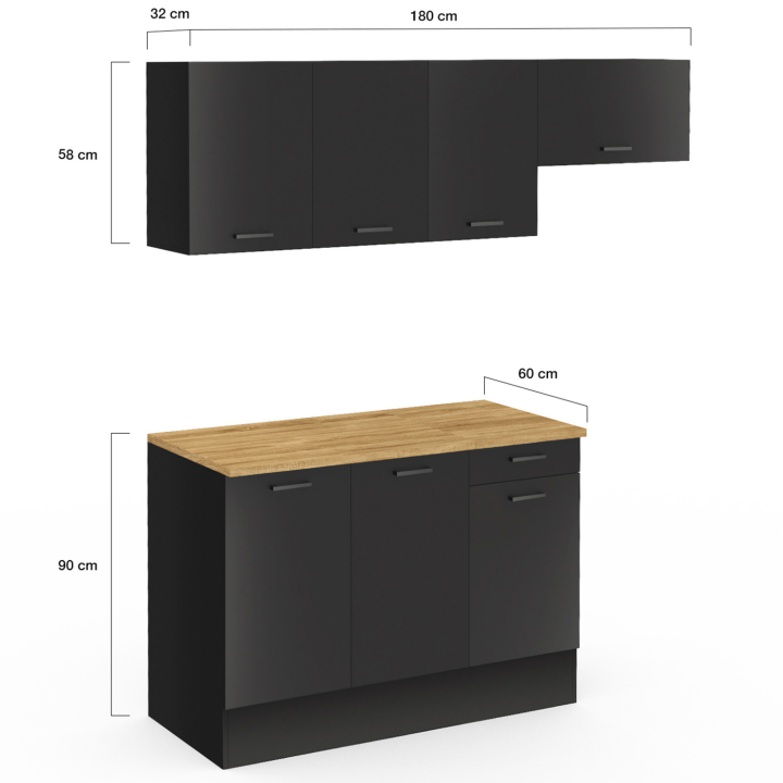 Cuisine complète 180 cm SUBTIL avec plan de travail 5 éléments noir et plateau bois