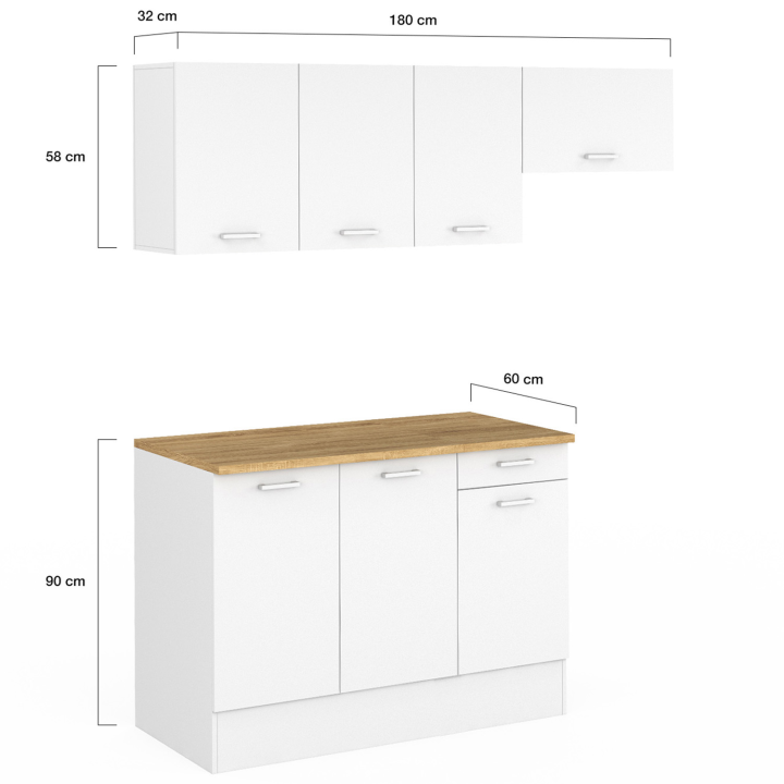 Cuisine complète 180 cm SUBTIL avec plan de travail 5 éléments blanc et plateau bois