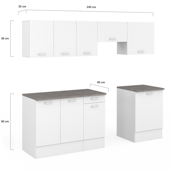 Cuisine complète 240 cm SUBTIL avec plan de travail 7 éléments blanc et plateau béton