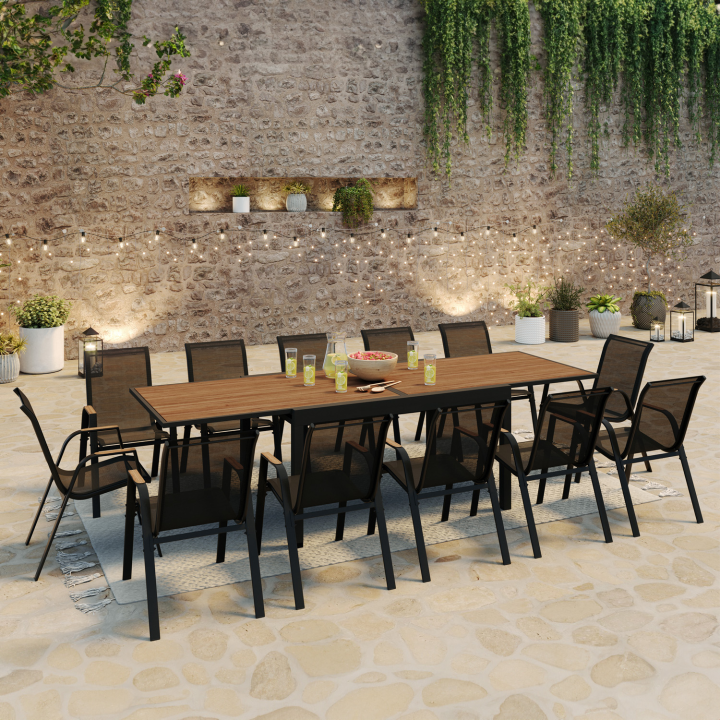 Salon de jardin MOOREA extensible table 135/270 cm plateau effet bois et 12 chaises empilables noir et bois