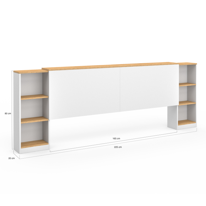 Tête de lit sur pied extensible avec chevets coulissants CATBA pour lit 140 et 160 cm blanc et bois