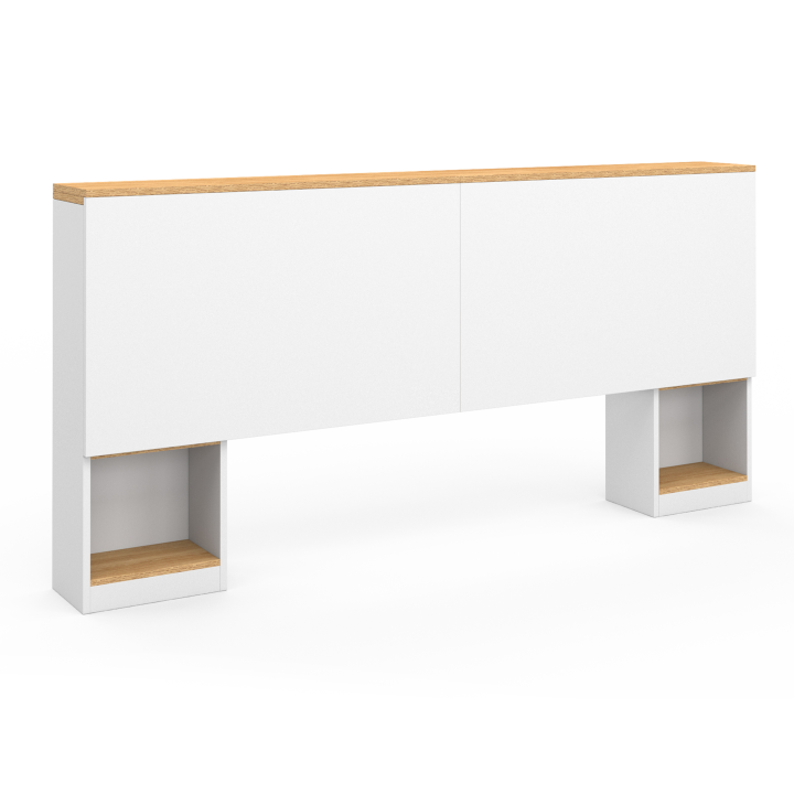 Tête de lit sur pied extensible avec chevets coulissants CATBA pour lit 140 et 160 cm blanc et bois