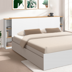 Tête de lit sur pied extensible avec chevets coulissants CATBA pour lit 140 et 160 cm blanc et bois