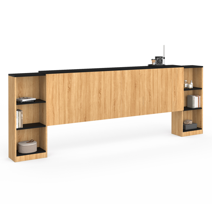 Tête de lit CATBA extensible avec rangements coulissants pour lit 140 et 160 cm bois et noir