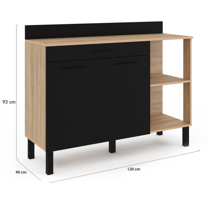 Buffet bas de cuisine 120 CM CINA plan de travail H.83 CM structure façon hêtre 2 portes noires + tiroir