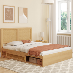 Tweepersoonsbed met opbergruimte en rieten hoofdeinde 140x190cm - EDHEN | ID Market