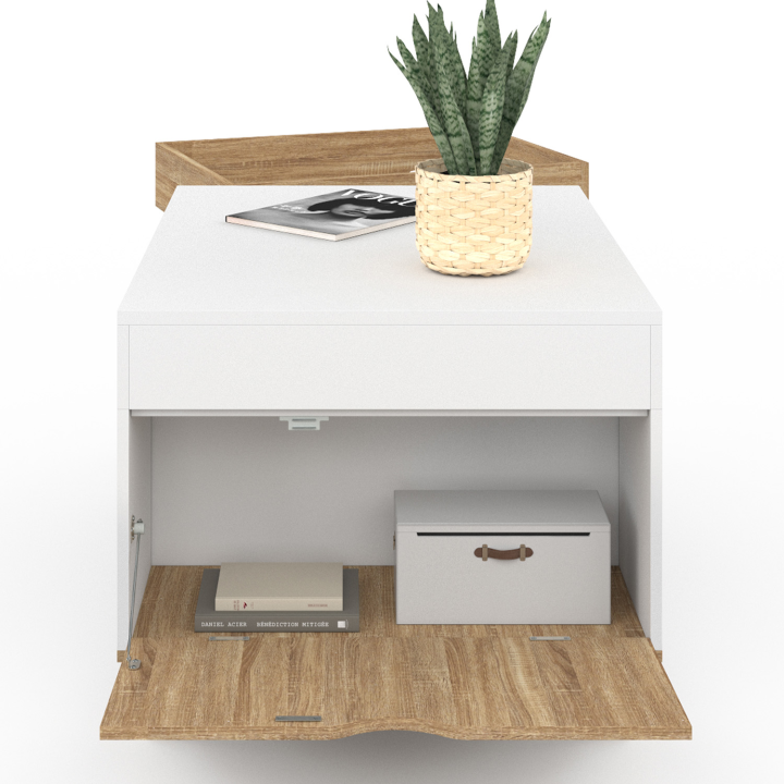 Mesa de centro rectangular de madera y blanca con tablero elevable y caja - LOLA | ID Market