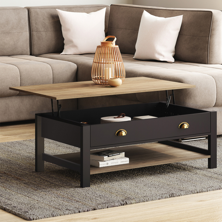 Mesa de centro de madera y negra con tablero rectangular elevable y estante - ISIS | ID Market