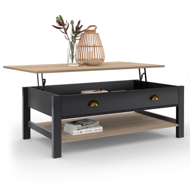 Mesa de centro de madera y negra con tablero rectangular elevable y estante - ISIS | ID Market