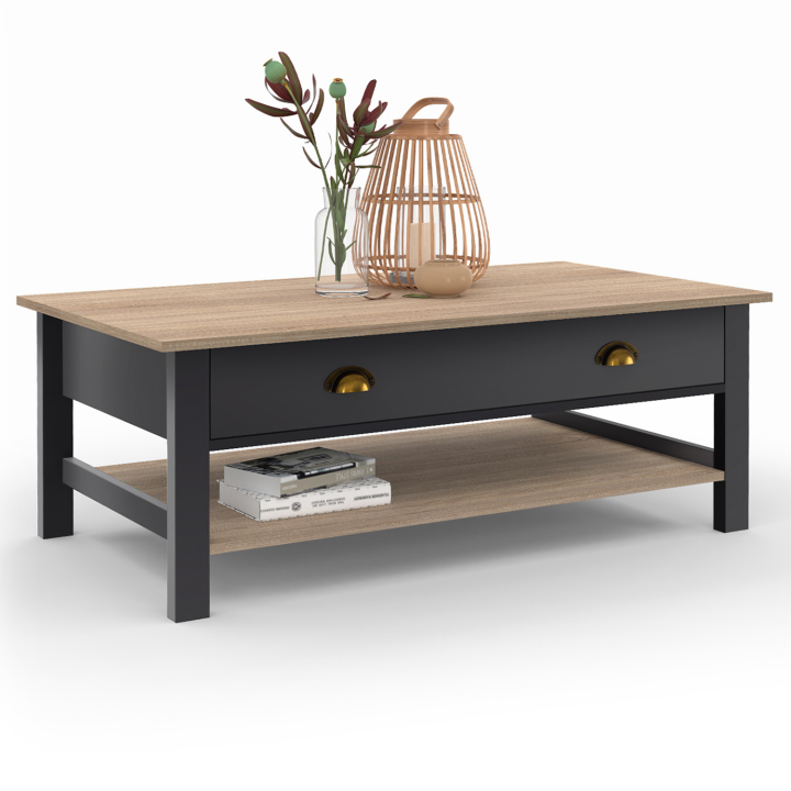 Mesa de centro de madera y negra con tablero rectangular elevable y estante - ISIS | ID Market