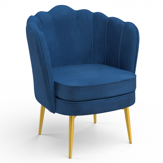 Fauteuil coquillage ADELLA bleu nuit en velours pieds dorés