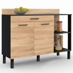 Buffet bas de cuisine 120 CM CINA plan de travail H.83 cm 2 portes + tiroir façon noir et hêtre