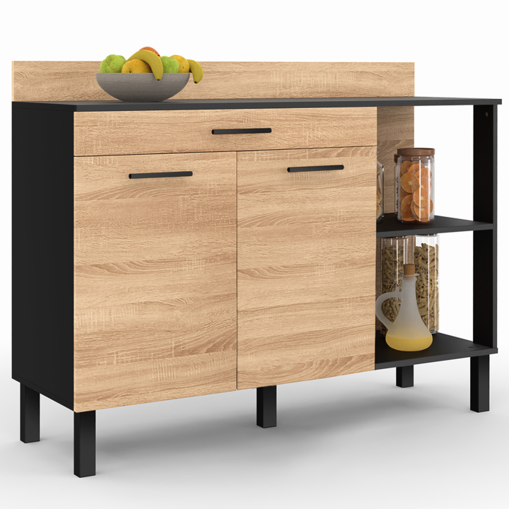 Buffet bas de cuisine 120 CM CINA plan de travail H.83 cm 2 portes + tiroir façon noir et hêtre