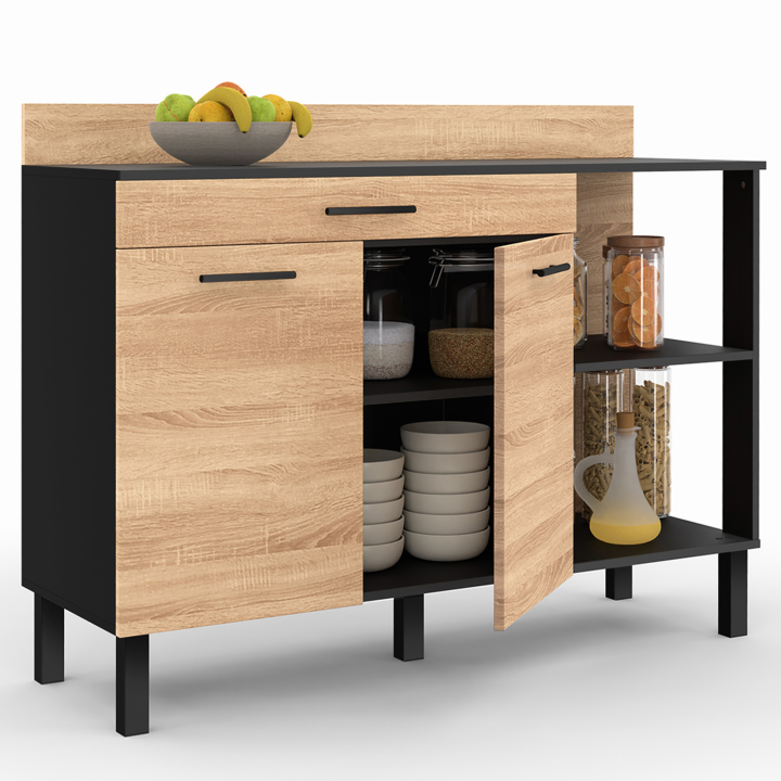 Buffet bas de cuisine 120 CM CINA plan de travail H.83 cm 2 portes + tiroir façon noir et hêtre