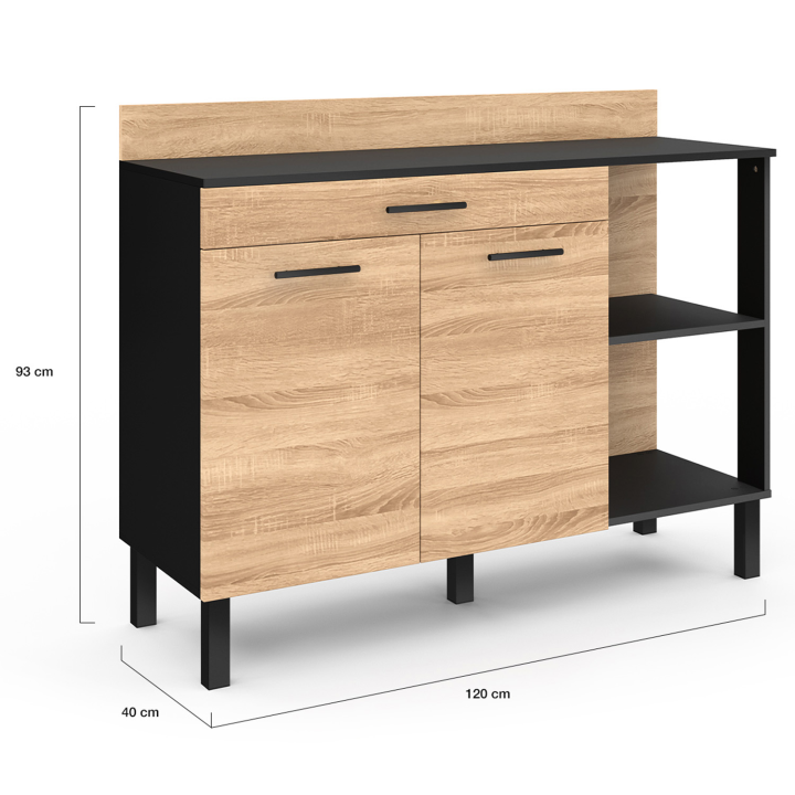 Buffet bas de cuisine 120 CM CINA plan de travail H.83 cm 2 portes + tiroir façon noir et hêtre