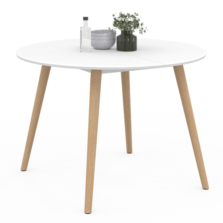 Table à manger ronde ANGELA 4-6 personnes blanc pieds bois 110 cm