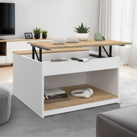 Table basse plateau relevable carrée ELEA avec coffre bois blanc et façon hêtre