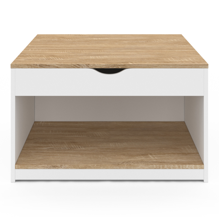 Table basse plateau relevable carrée ELEA avec coffre bois blanc et façon hêtre