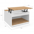 Table basse plateau relevable carrée ELEA avec coffre bois blanc et façon hêtre