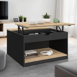 Table basse plateau relevable carrée ELEA avec coffre bois noir et façon hêtre