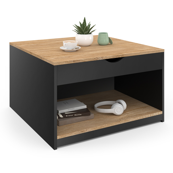 Table basse plateau relevable carrée ELEA avec coffre bois noir et façon hêtre