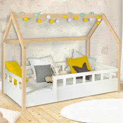 Lit cabane enfant 80 x 160 CM NEREE blanc et hêtre avec sommier et barrières