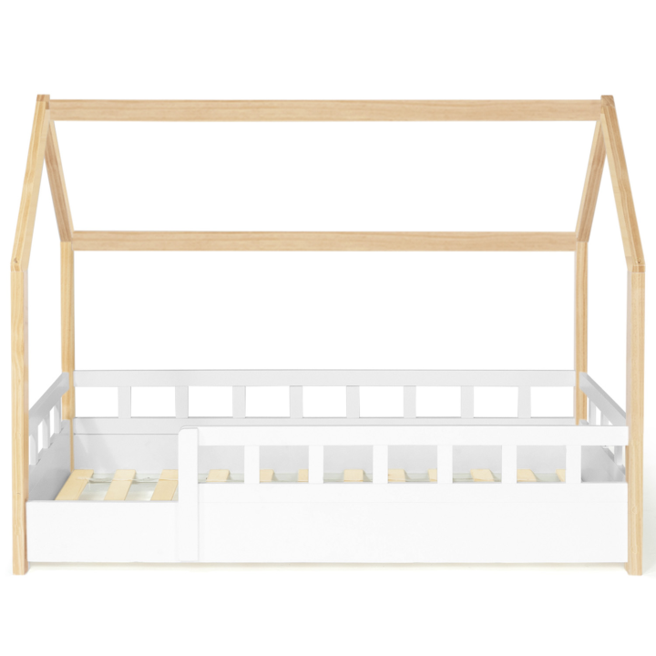 Lit cabane enfant 80 x 160 CM NEREE blanc et hêtre avec sommier et barrières