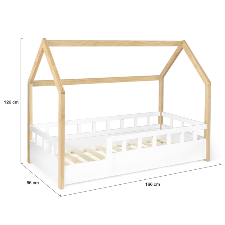 Lit cabane enfant 80 x 160 CM NEREE blanc et hêtre avec sommier et barrières