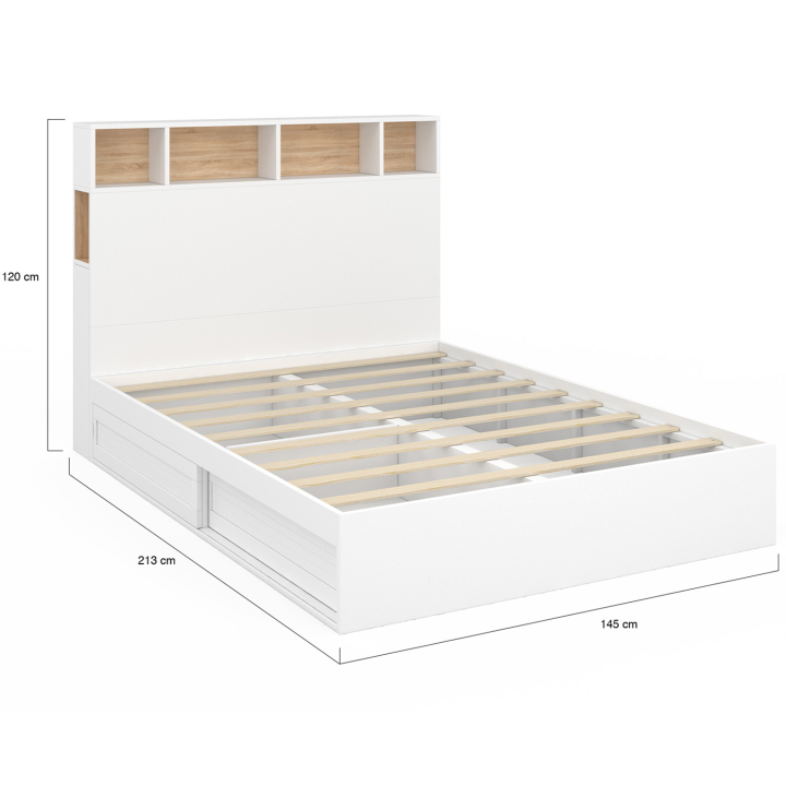 Cama de matrimonio blanca y haya con cabecero, espacio de almacenamiento y somier de 140x190 - CLEM | ID Market