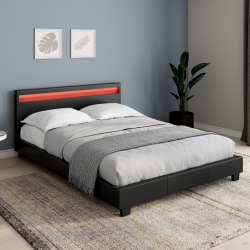 Cama doble 140x190 PVC negro con somier y LED - NEO | ID Market