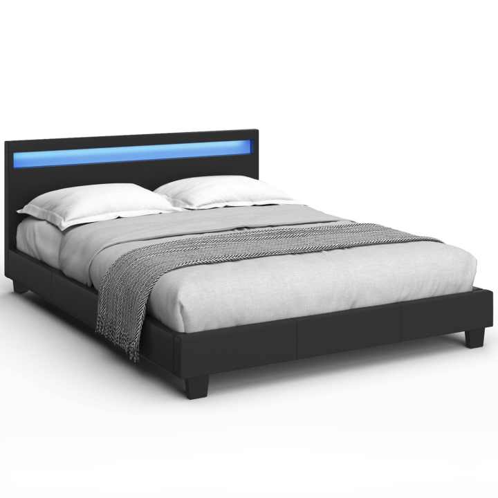 Cama doble 140x190 PVC negro con somier y LED - NEO | ID Market