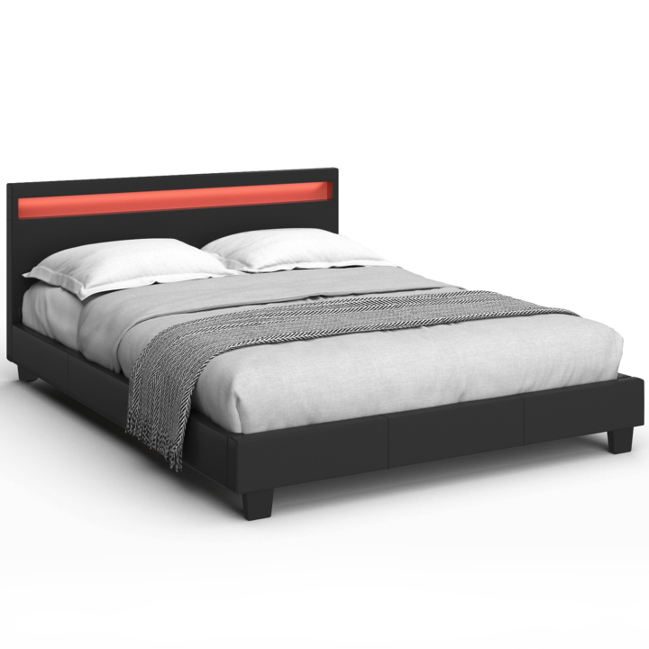 Cama doble 140x190 PVC negro con somier y LED - NEO | ID Market