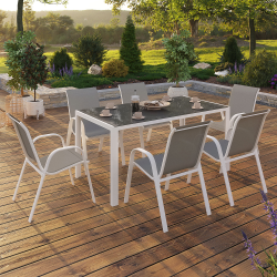 Salon de jardin MADRID table 150 CM et 6 chaises empilables structure blanche plateau gris