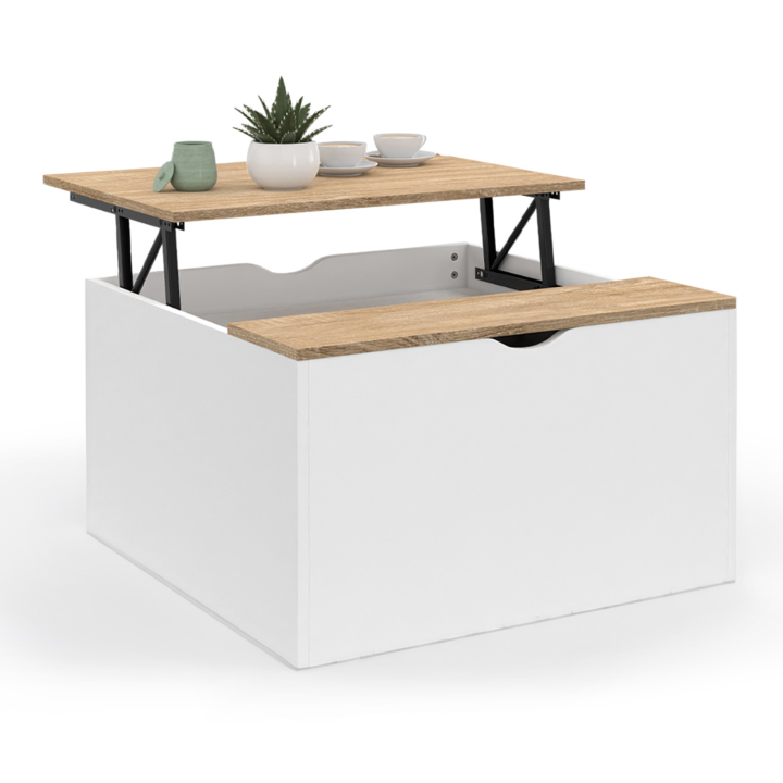 Table basse plateau relevable carrée ELEA avec coffre bois blanc et façon hêtre