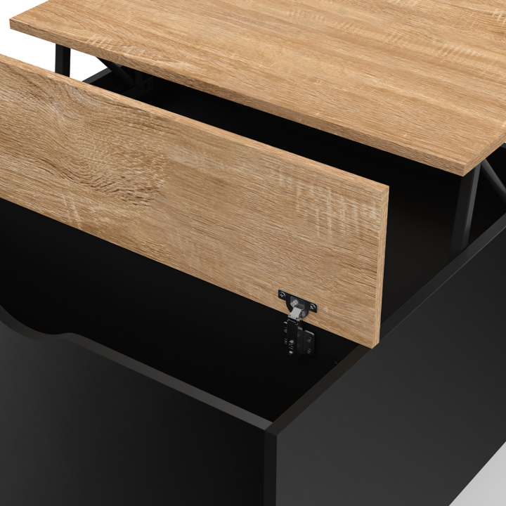 Table basse plateau relevable carrée ELEA avec coffre bois noir et façon hêtre