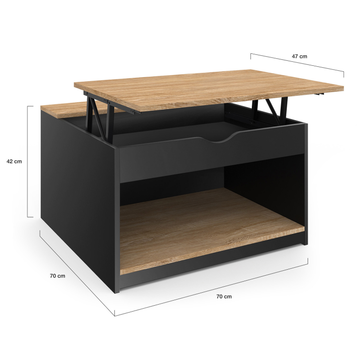 Table basse plateau relevable carrée ELEA avec coffre bois noir et façon hêtre