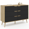 Commode 6 tiroirs HELSINKI 115 cm scandinave effet hêtre et noir