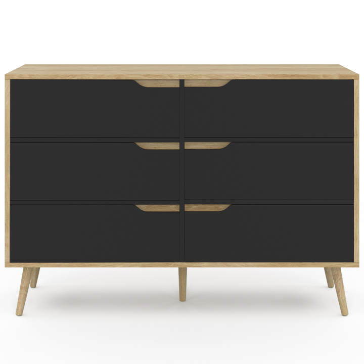 Commode 6 tiroirs HELSINKI 115 cm scandinave effet hêtre et noir