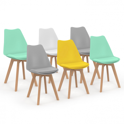 Lot de 6 chaises scandinaves SARA mix color pastel jaune, blanc, gris clair x2, vert mentholé x2